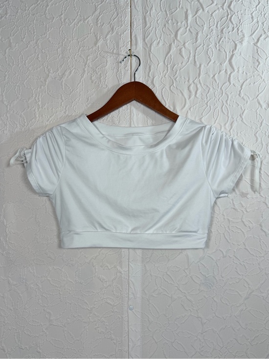 Mono B Tops - Mono B White Cropped Tie Sleeve Athletic Workout Top Sz L